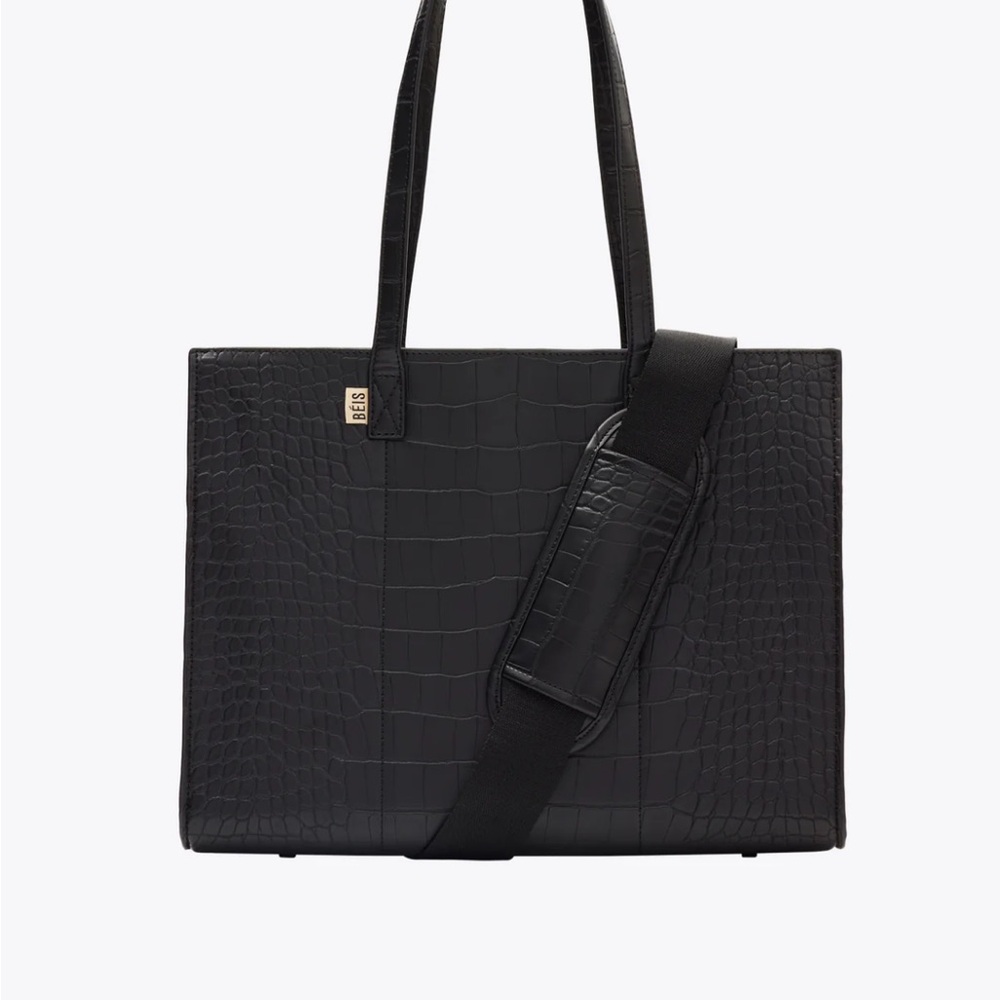 BEIS Black “The Work Tote” Tote Bag with Adjustable Strap, Black Croc